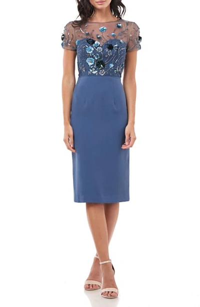 Js Collections Sequin Bodice Crepe Cocktail Dress In Mineral Blue