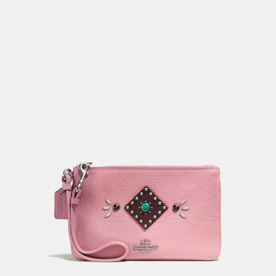 Coach Western Rivets Small Wristlet In Polished Pebble Leather In : Silver/pink