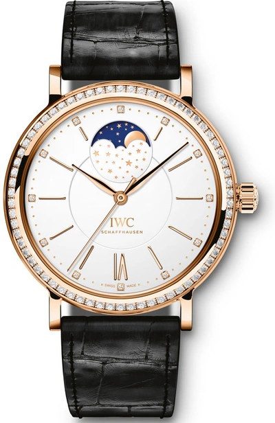 Iwc Schaffhausen Red Gold And Diamond Portofino Moon Phase Watch 37mm In Black / Gold / Gold Tone / Rose / Rose Gold / Silver / Yellow