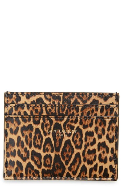 Saint Laurent Mini Leopard Print Leather Card Case In Toffee