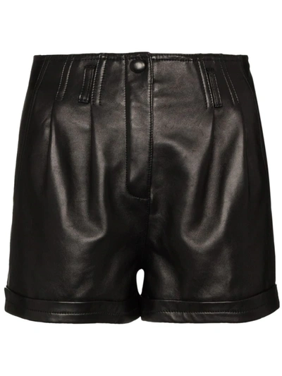 Saint Laurent Pleated Short Leather Shorts In Black