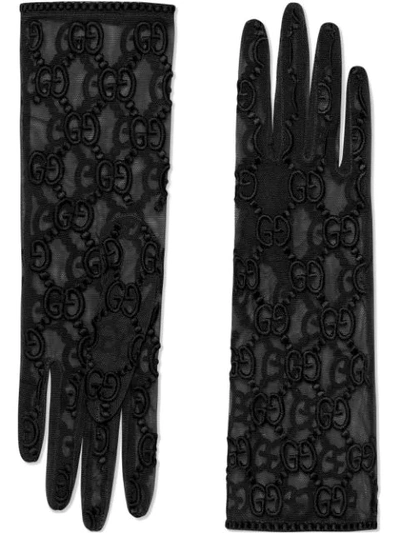 Gucci Gg-embroidered Tulle Gloves In Black
