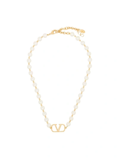 Valentino Garavani Gold Tone Vlogo Pearl Necklace In White