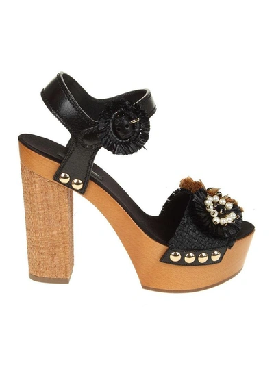 Dolce & Gabbana Wooden And Raffia Sandals In Black