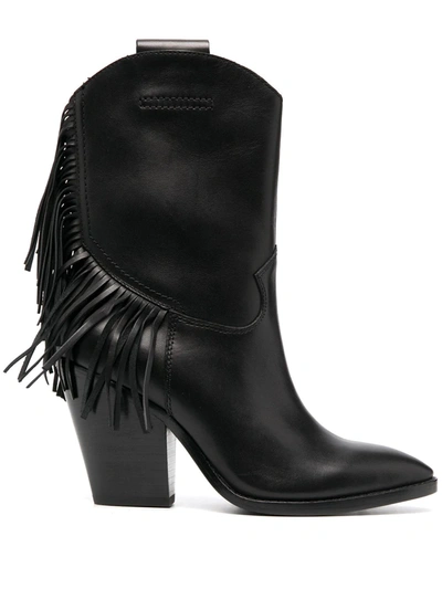 Ash Elison Fringed Leather Boots In Nero