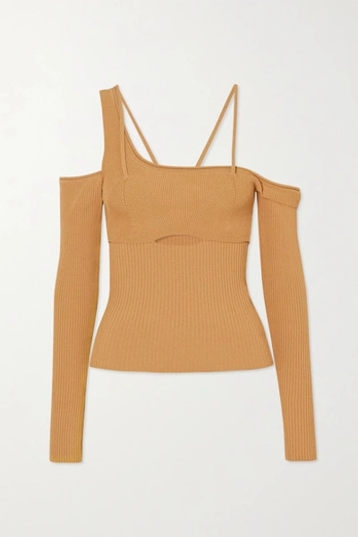 Jacquemus La Maille Cold-shoulder Ribbed-knit Top In Yellow