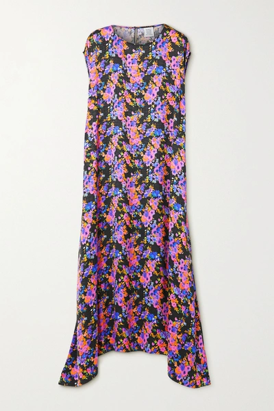 Vetements Asymmetric Floral-print Satin-jacquard Dress In Purple