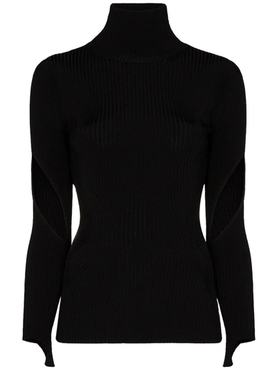 Mugler Cutout Ribbed-knit Turtleneck Sweater In Black