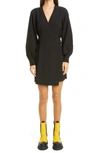 Ganni Bishop Sleeve Heavy Crepe Wrap Minidress In Black