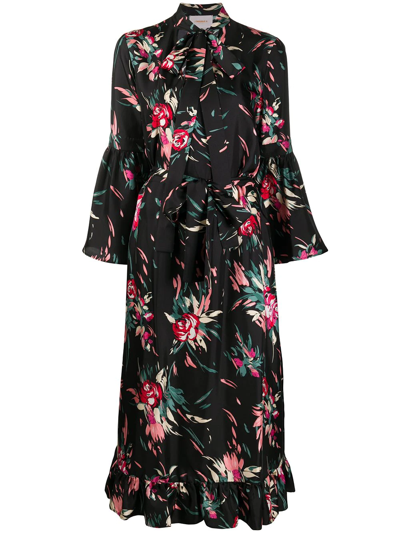 La Doublej Floral-print Fluted Silk-twill Dress In Breezy Nero