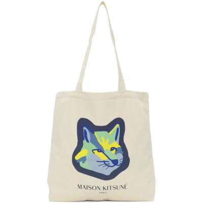 Maison Kitsuné Neon Fox-head Logo-print Canvas Tote Bag In Neutrals