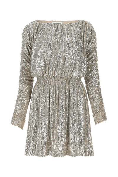 Saint Laurent Jersey Minidress Covered With Sequins In Silver