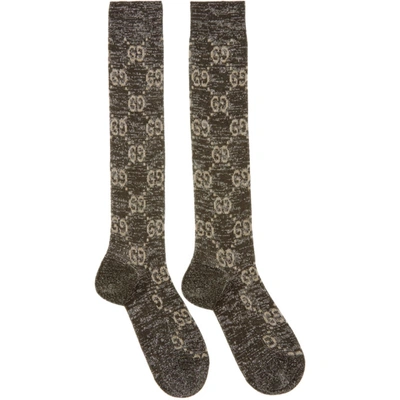 Gucci Black & Silver Crystal Gg Socks In Light Grey