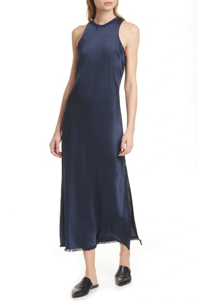 Frame Washable Bias Cut Silk Satin Midi Dress In Navy