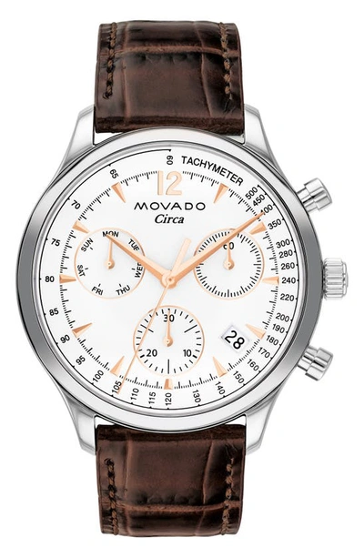 Movado Heritage Circa Chronograph Leather Strap Watch, 43mm In Brown/ White/ Silver