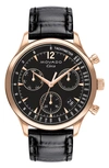 Movado Heritage Circa Chronograph Leather Strap Watch, 43mm In Black/ Rose Gold