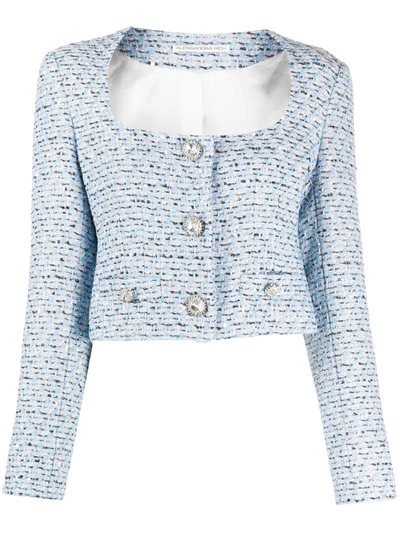 Alessandra Rich Cropped Crystal-embellished Sequined Tweed Jacket In Light Blue,silver