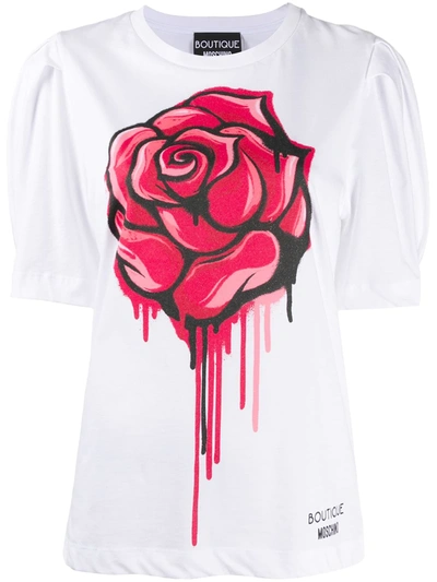 Boutique Moschino Rose Print Puff Sleeve T-shirt In White