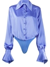 Mugler Collared Satin Long Sleeved Bodysuit In Blue