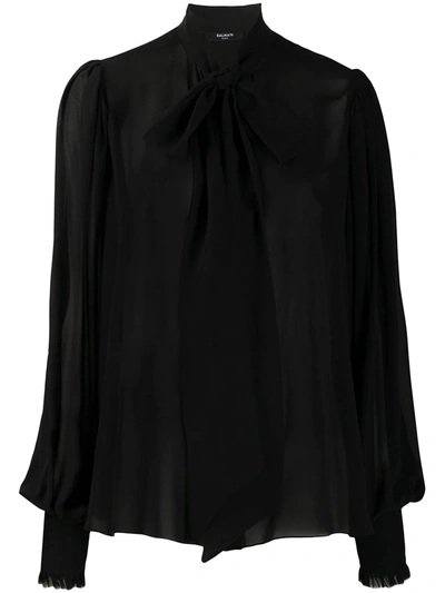 Balmain Pussy Bow Silk Blouse In Black