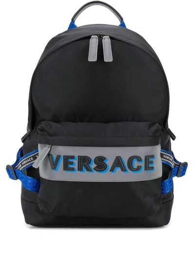 Versace Logo Embossed Backpack In Black