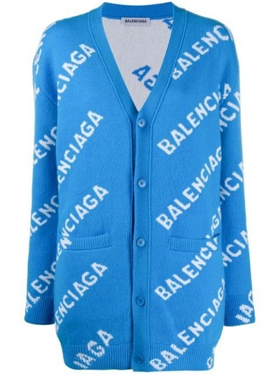 Balenciaga Blue And Ivory Over-sized Wool Logo Cardigan