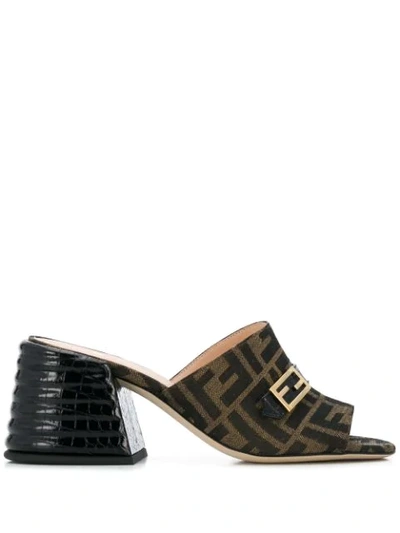 Fendi Chunky Mid Heel Monogram Sandals In Brown