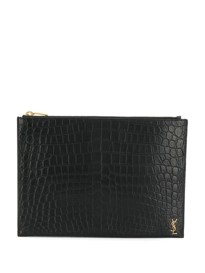 Saint Laurent Logo Croc Embossed Leather Pouch In Black