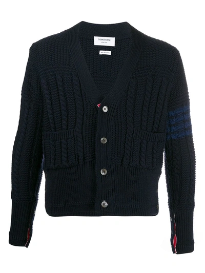 Thom Browne Navy Wool Aran Cable 4-bar Cardigan In Blue