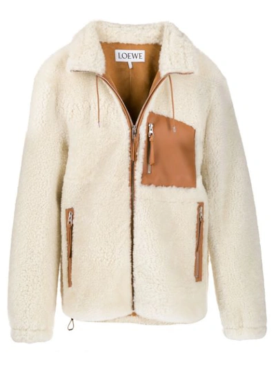 Loewe Shearling Jacket W/ Leather Details In Beige