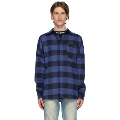 Palm Angels Checkered Logo Print Shirt In Blue Black