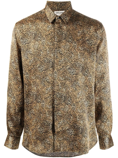 Saint Laurent Leopard Print Silk Button-up Shirt In Beige