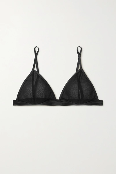 Anine Bing Alexia Satin-trimmed Ribbed-knit Soft-cup Triangle Bra In Black