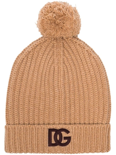 Dolce & Gabbana Neutral Logo Knitted Cashmere Beanie Hat In Brown