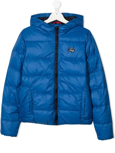 Fay Blue Teen Jacket With Hood And Frontal Logo Application