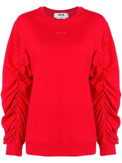 Msgm Ruched Sleeve Cotton Sweatshirt In Red