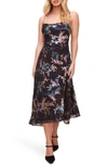 Astr Gaia Floral Bias Cut Velvet Burnout Midi Dress In Black Multi Floral