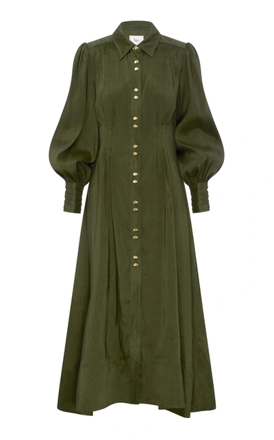 Aje Oxidized Pleated Linen-silk Shirt Dress In Olive/army