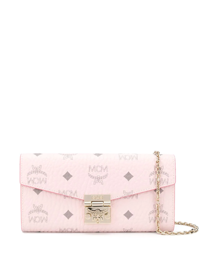 Mcm Coated Canvas Wallet On A Chain In Powder Pink