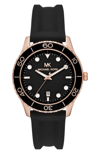 Michael Kors Runway Silicone Strap Watch, 40mm In Black/ Rose Gold