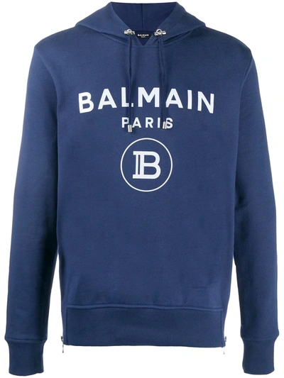 Balmain Logo Printed Hoodie In Blue