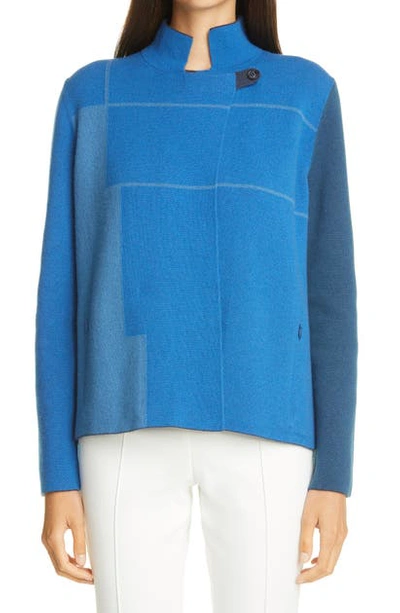 Akris Reversible Geometric Jacquard Cashmere Cardigan In Blue Cyan