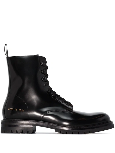 Common Projects Lug Sole Leather Combat Boots In Black