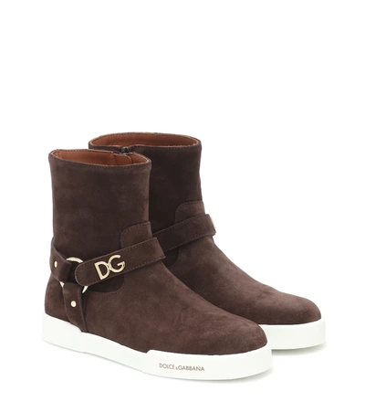 Dolce & Gabbana Kids' Suede Ankle Boots With Dg Lettering In Brown