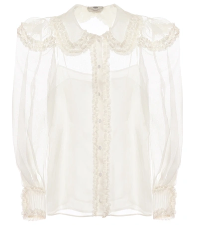 Fendi Ruffled Round-collar Silk-crepe Blouse In White