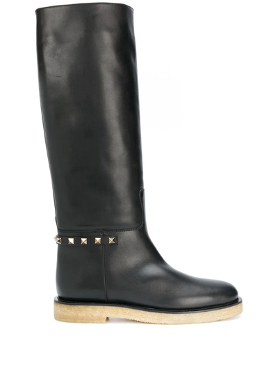 Valentino Garavani Rockstud Leather Knee-high Boots In Black