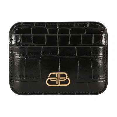 Balenciaga Bb-plaque Crocodile-effect Leather Cardholder In Black