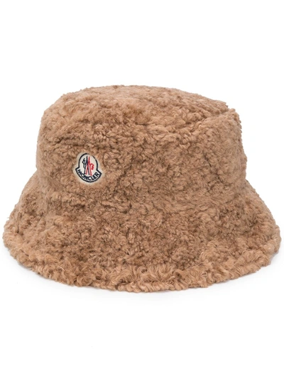 Moncler Toggle Ties Faux-shearling Bucket Hat In Brown