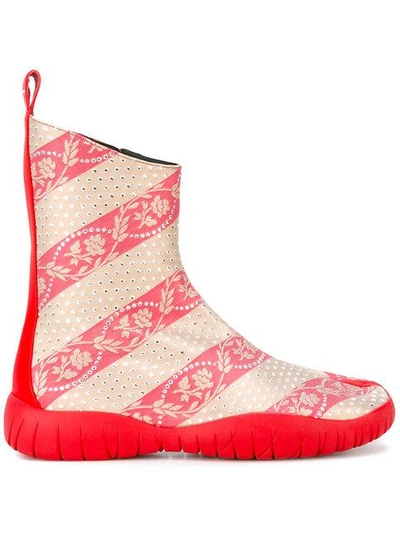 Maison Margiela Striped Floral Boots In Rosso