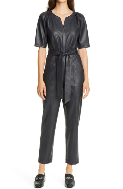 Rebecca Taylor Tie Waist Faux Leather Jumpsuit In Navy